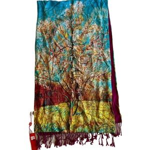 Pure Silk Viscose Oblong Art Oil Fall Trees Painting Scarf 68” L